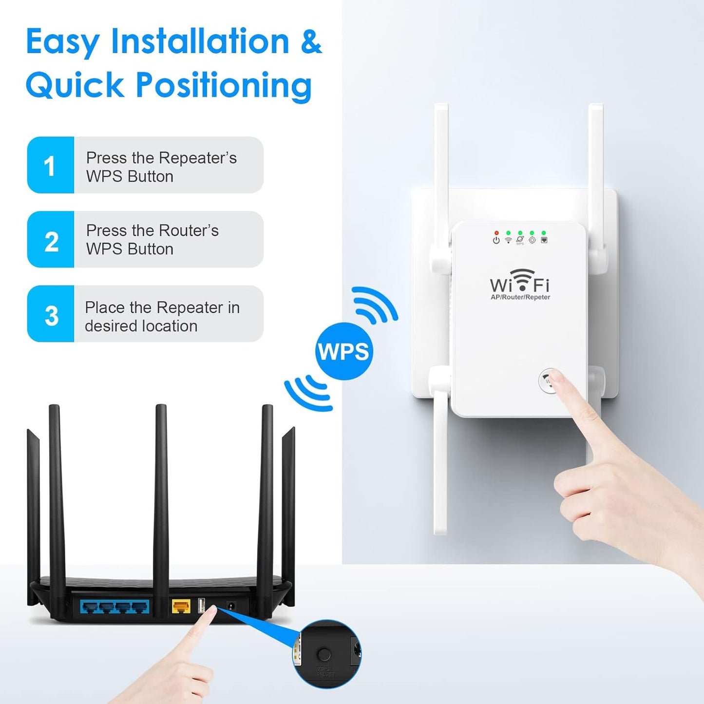 Extensor WiFi, amplificador WiFi potente de pared de 300 Mbps para el hogar, cubre hasta 4800 pies cuadrados y 50 dispositivos, con puerto Ethernet y modo AP, 4 antenas 360°...