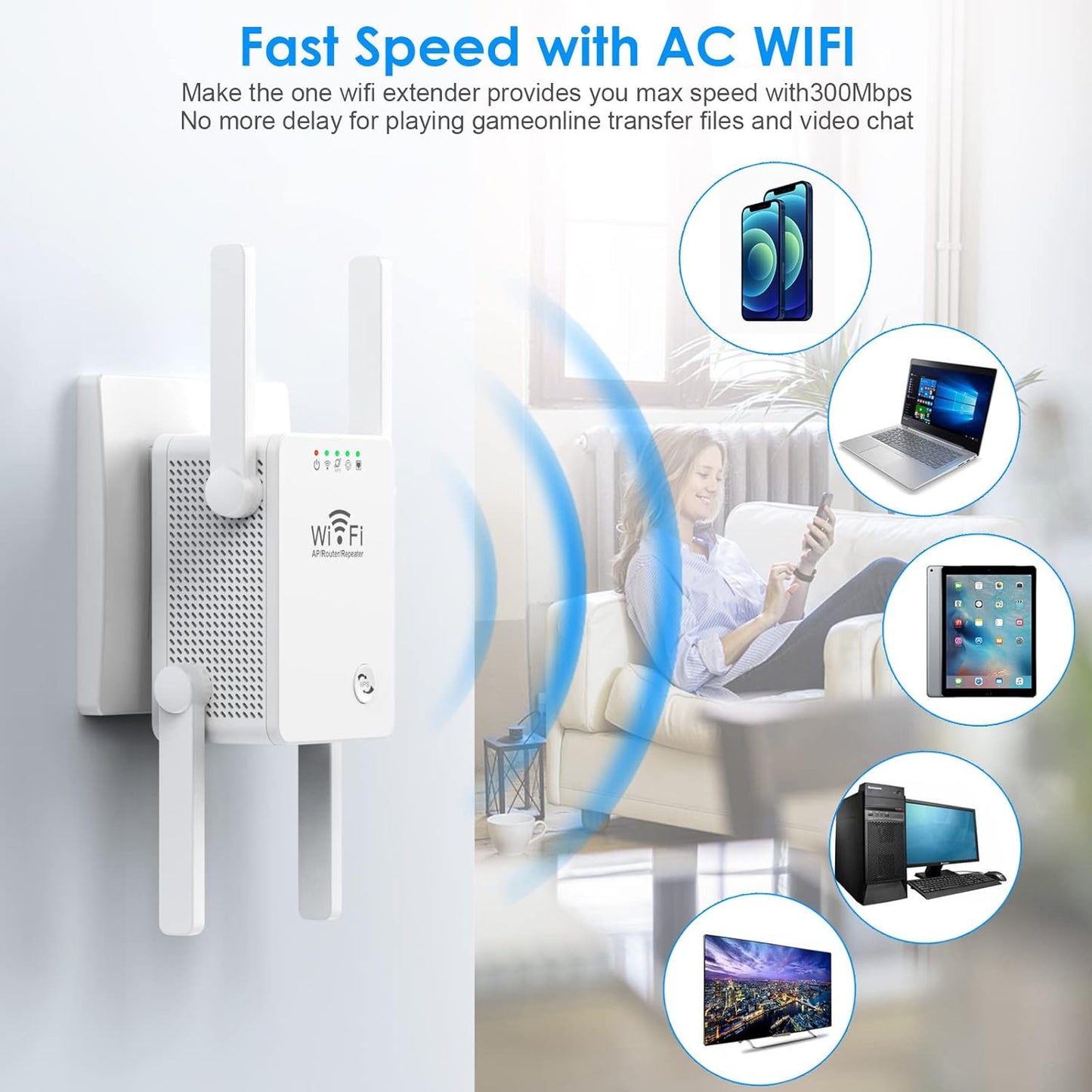 Extensor WiFi, amplificador WiFi potente de pared de 300 Mbps para el hogar, cubre hasta 4800 pies cuadrados y 50 dispositivos, con puerto Ethernet y modo AP, 4 antenas 360°...